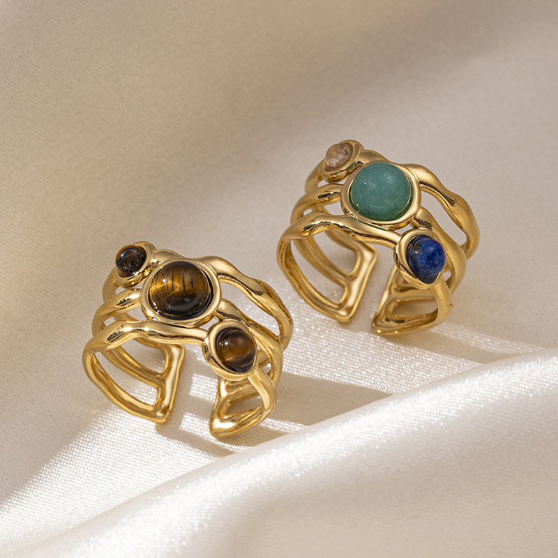 Anillos de acero de titanio de piedra de tigre de Teena Meirard no se desvanecen anillos de acero inoxidable huecos de piedra natural