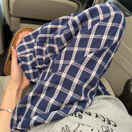 复古格子休闲裤女夏季高腰百搭阔腿裤宽松慵懒直筒裤防晒遛弯裤子