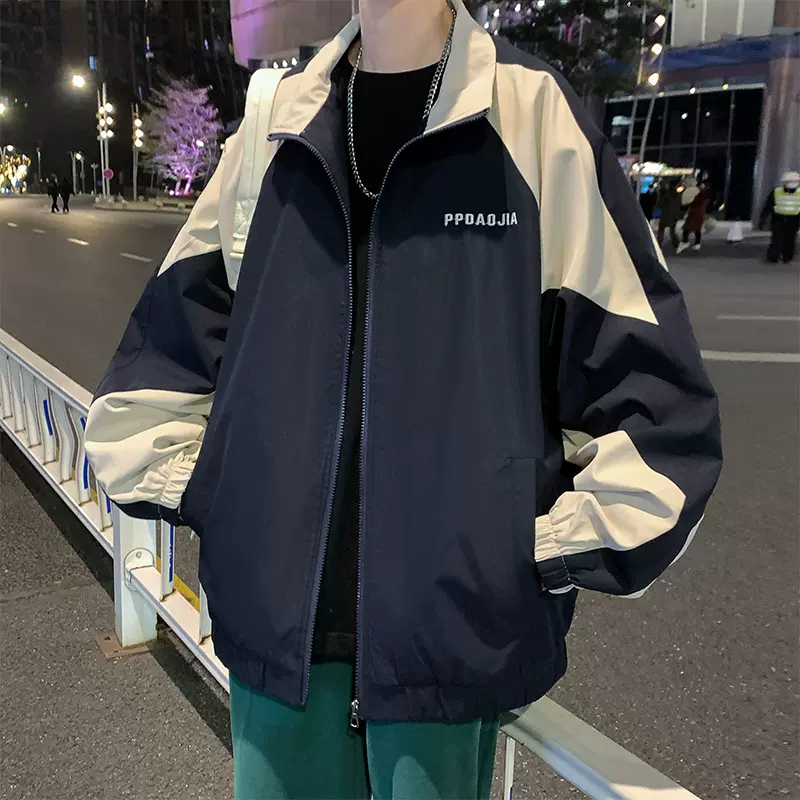 2025年新款定制复古拼接撞色夹克外套男春秋百搭宽松休闲风衣棒