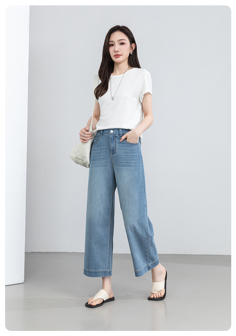 Quần jean nữ cao eo ống rộng dáng suông, chất liệu cotton pha tơ tằm thoáng mát, dài 103 cm — Thông thường - chiều dài quần khoảng 103cm chi tiết 24