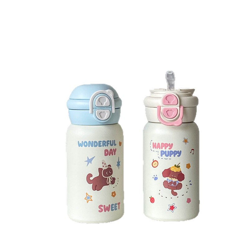 原创设计~双饮口卡通不锈钢保温杯316一键开盖儿童水杯便携吸管杯|undefined