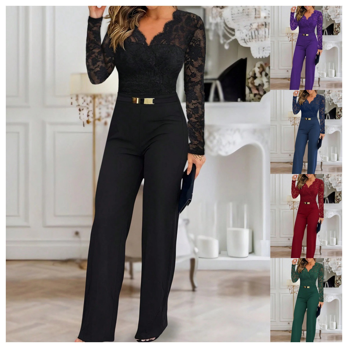 Cross-Border Export 2025 European and American Autumn and Winter New Long-Sleeved Belt One-Piece Bell-Bottom Pants Casual Loose Party Jumpsuit