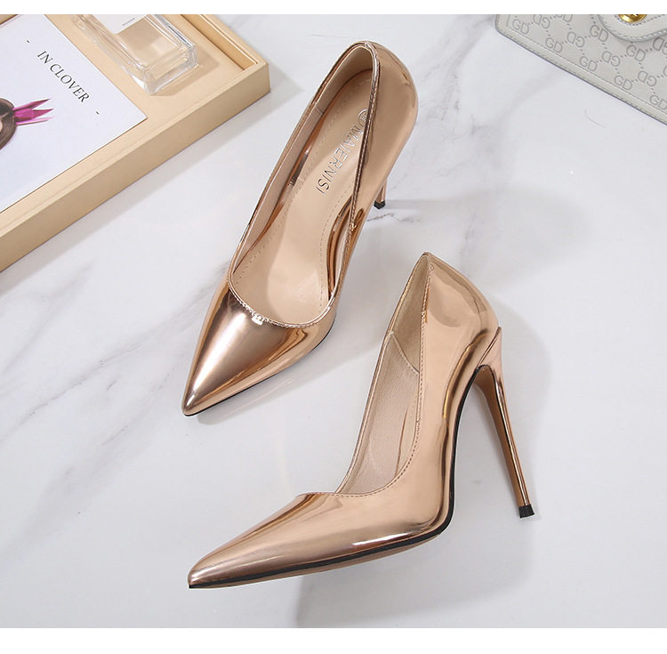 Giày cao gót mũi nhọn gót thanh mảnh 12 cm phong cách Pháp, cỡ lớn — Màu bạc, Màu vàng, Màu vàng sâm panh, Màu đậm chi tiết 35