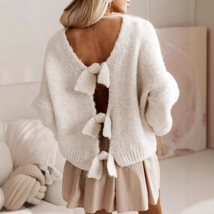 2025 autumn and winter new style bow tie women's sweater European and American cross-border sexy backless loose sweater top