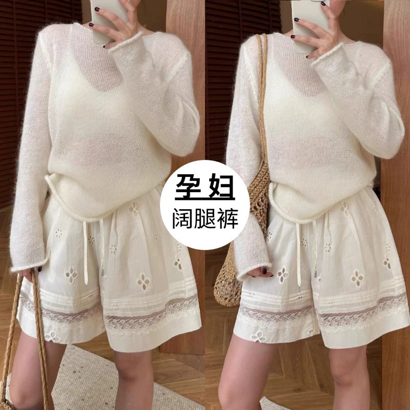 Шорты для беременных, стильные повседневные брюки с вышивкой крючком и вырезами, женские хлопковые кружевные широкие брюки, весенне-летний стиль