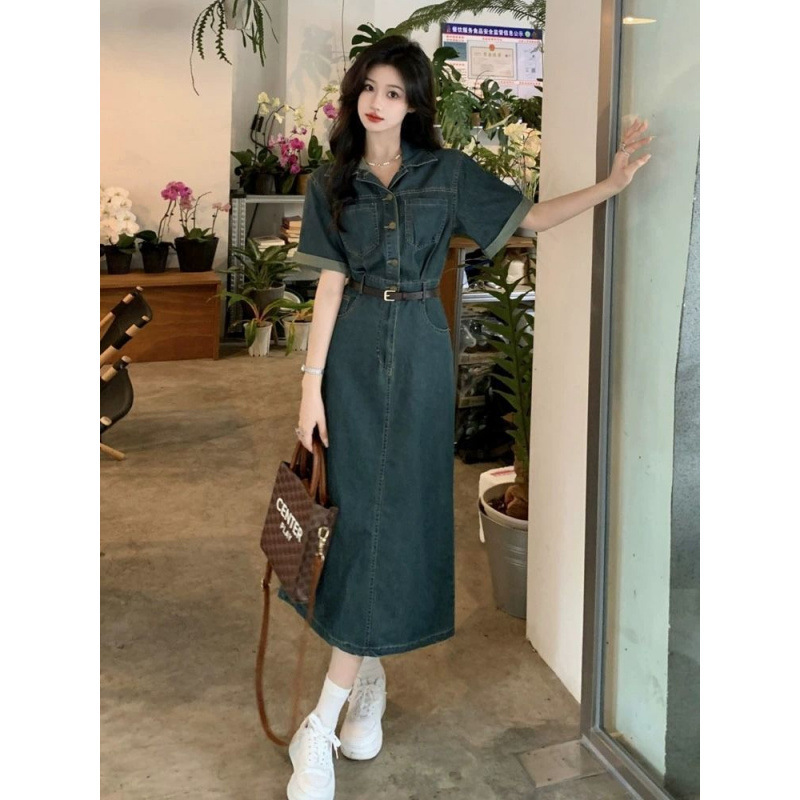 Retro Collar Short-Sleeved Denim Dress for Women, New Summer Style, Waist-Cinching, Slimming, Mid-Length Dress with a High-End Feel, Polo Collar Retro Collar Short-Sleeved Denim Dress for Women, New Summer Style, Waist-Cinching, Slimming, Mid-Length Dress with a High-End Feel, Polo Collar