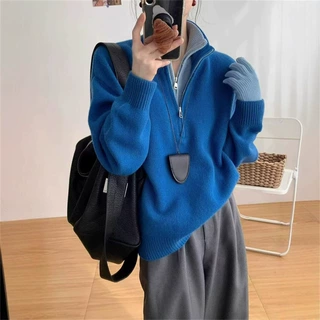 韩系慵懒风假两件套头毛衣女秋冬新款宽松设计感半拉链针织衫上衣
