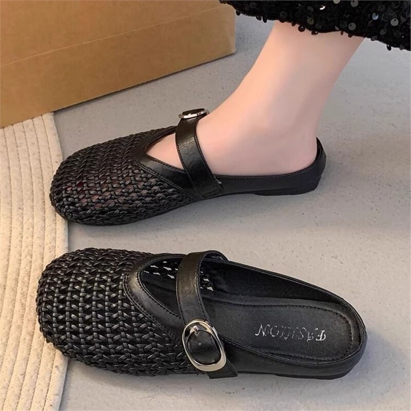 2025 新メリージェーンハーフスリッパ女性の夏のアウターフレンチ中空織網タイツシューズ包頭サンダル卸売|undefined