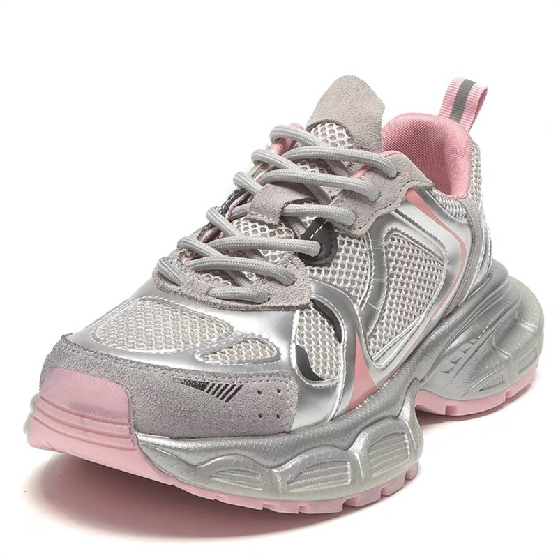 Women's Silver Breathable Mesh Dad Shoes Lightweight Skate Sneakers_voghion.com