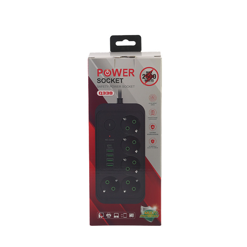 Caja de conexión europea Q338 paquete de caja de color neutro 4USB + 1 interruptor de botón grande tipo-c
