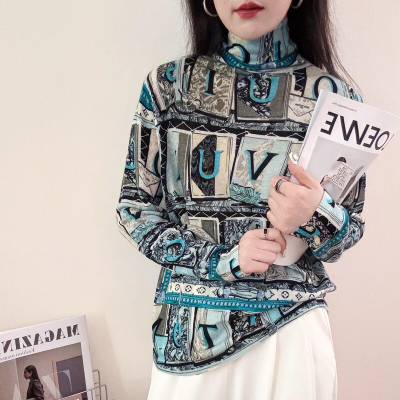100%水溶羊毛印花薄款打底衫欧货高领套头上衣女2025秋季新款毛衣|undefined