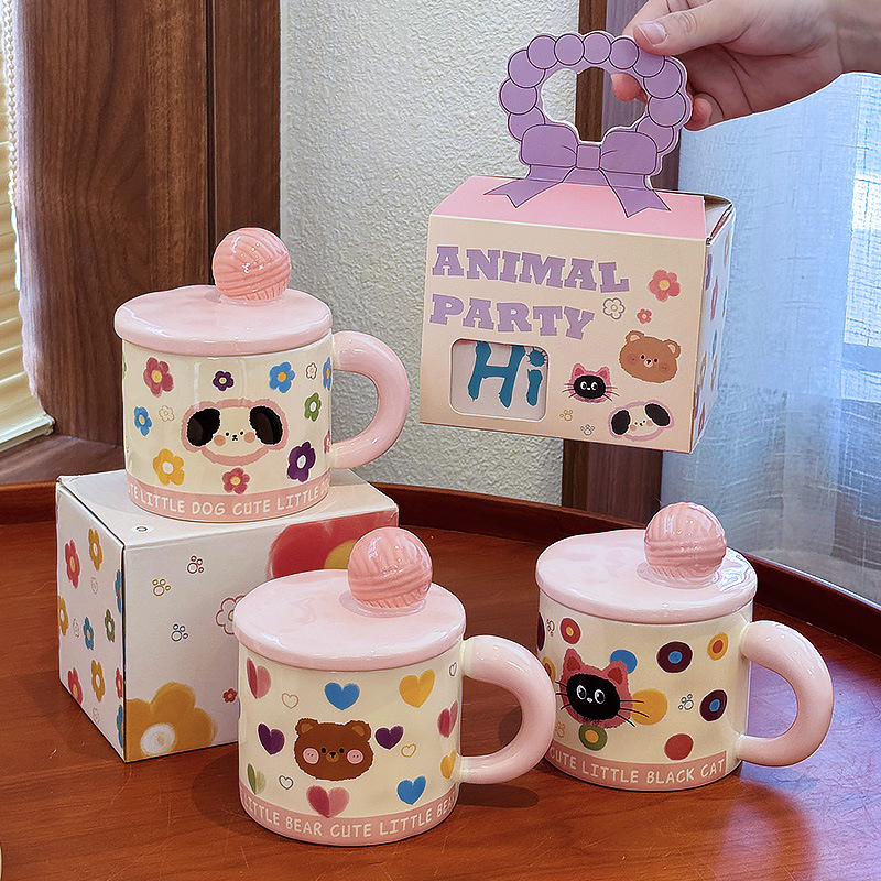 猫マグカップ蓋付きセラミックカップかわいい女性誕生日プレゼント子犬ベアー高颜値オフィスカップ|undefined