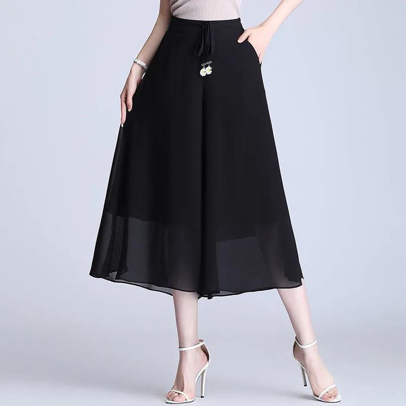 シフォン痩身スカートパンツ薄い夏七分ワイドレッグパンツ大きいサイズ弾性ハイウエストルーズカジュアルパンツ女性のスカート|undefined