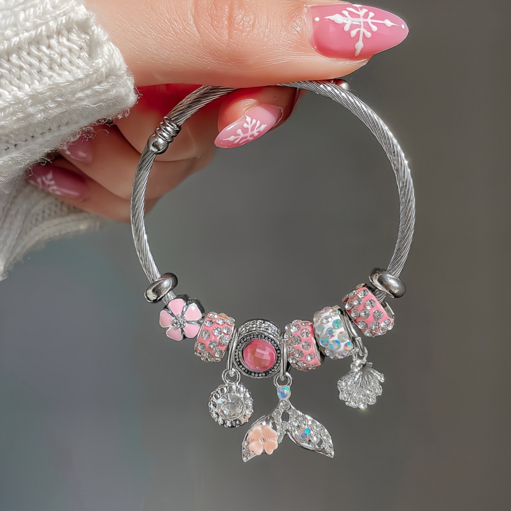 New Panjia Dora Stainless Steel With Inlaid Diamonds, Beads, Fish Tail, Shell, Heart Pendant, Adjustable Friendship_voghion.com