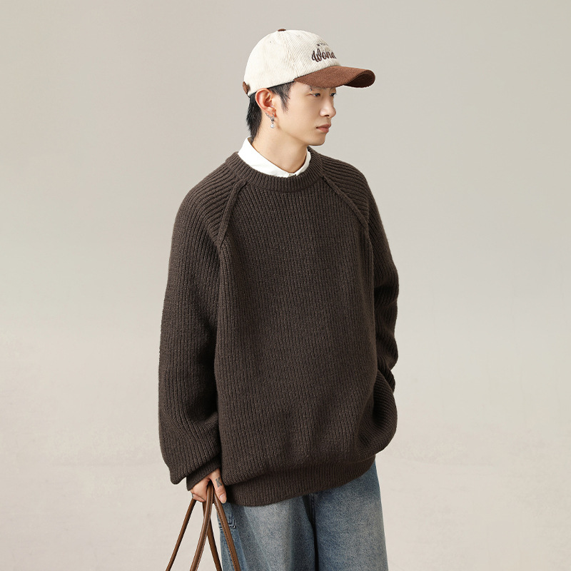 Monochrome Man- 3D Shoulder Line Design Round Neck Sweater Autumn Winter Texture Thick Knit Solid Color Knitwear Vintage Loose Coat_voghion.com