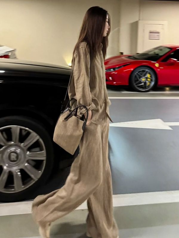 老钱风亚麻衬衫套装女夏季慵懒宽松时尚高端棉麻防晒衣长裤两件套|undefined