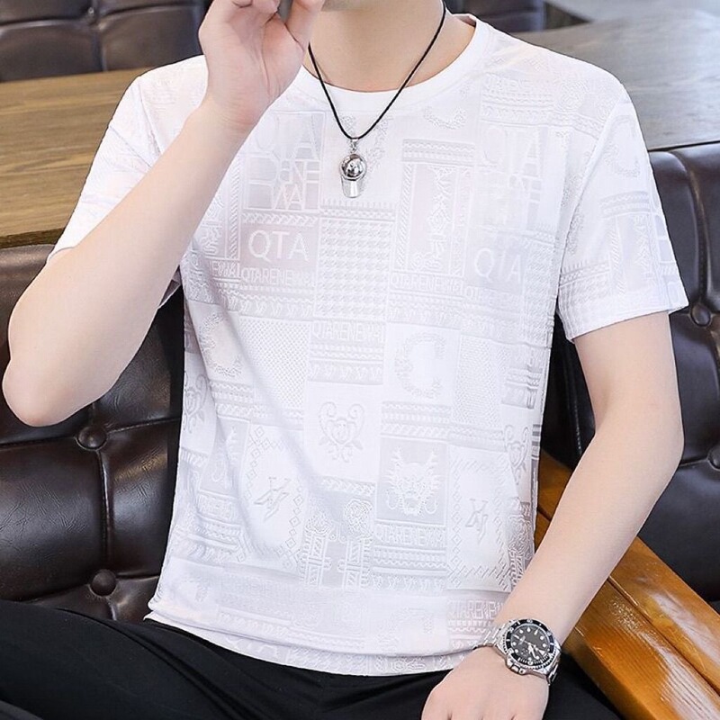 2025 Summer New High-End Men's Ice Silk Cotton Short-Sleeve Shirt, Plus Size Trendy Base Layer Top