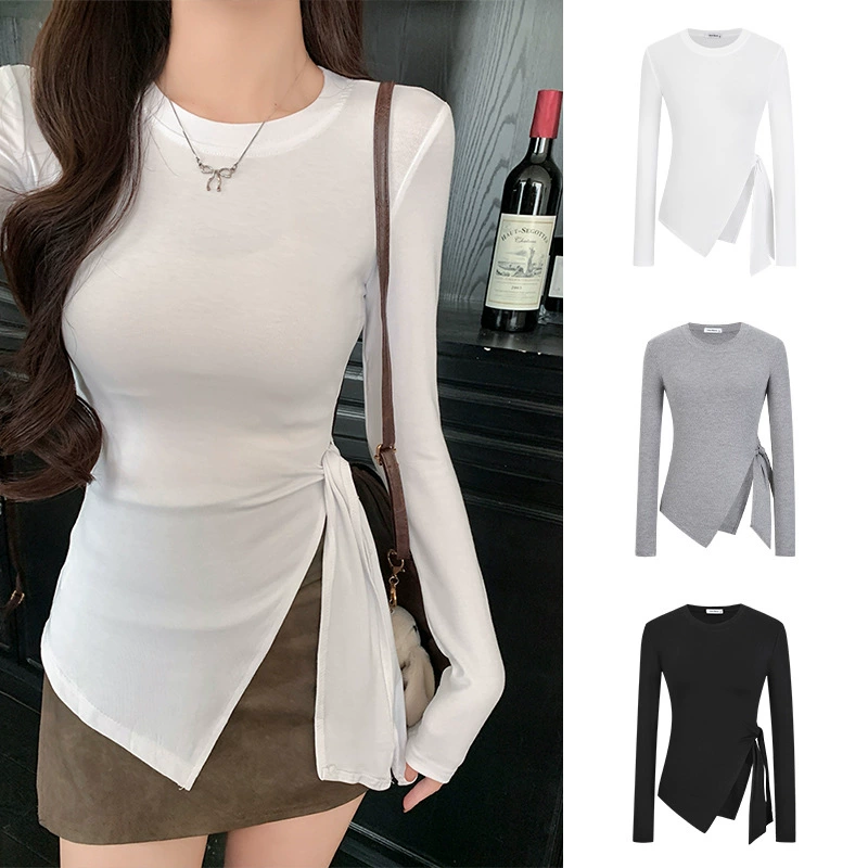 Дизайн с шнуровкой на талии с круглым вырезом с длинным рукавом футболка на плече тонкая черная рубашка