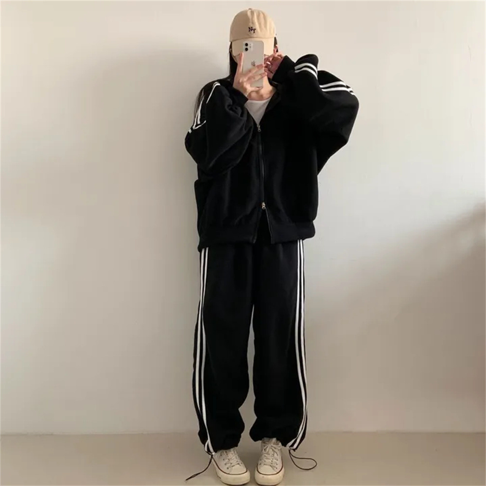 クロスボーダー卸売ジッパースウェットシャツカジュアルツーピースグレー韓国ブランドファッションスポーツスーツ女性のための春と秋怠惰なルーズ