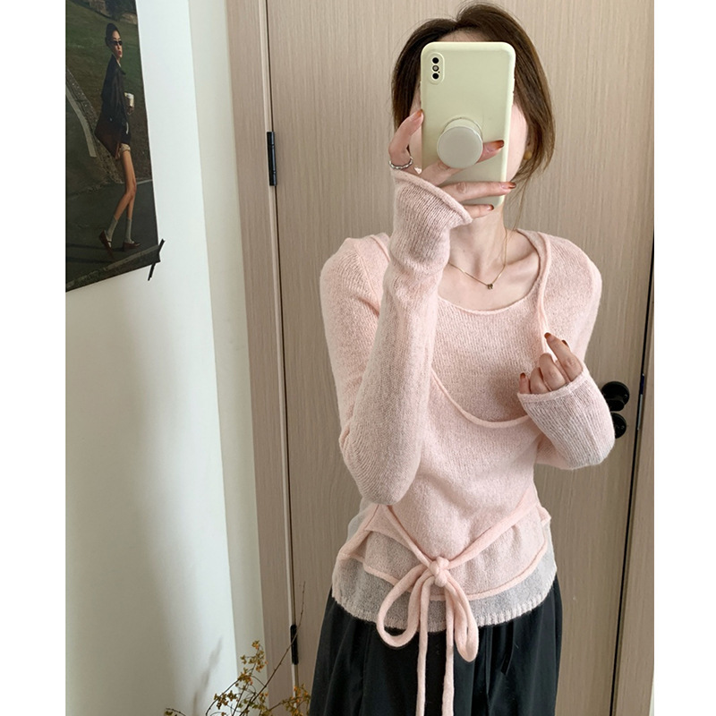 柔软马海毛混纺假两件圆领吊带叠穿长袖上衣女早秋新款洋气针织衫|undefined