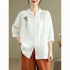 大码棉麻文艺复古刺绣衬衫女2025夏季新款中袖宽松刺绣大码衬衣女