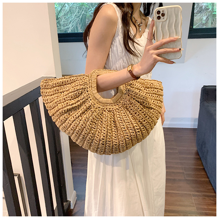 Streetwear Style Semicircle Shape Medium Size Women's Medium Straw Solid Color Streetwear Semicircle Open Straw Bag