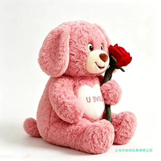 定制粉色狗狗毛绒玩具，狗狗毛绒公仔，带玫瑰的小狗毛绒玩具，柔