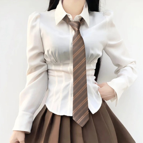Brown Retro Lazy No-Zip Tie for Women Coffee Color Striped Handmade Tie with Men's Shirt Accessory College Style