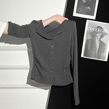 秋冬新款显瘦领恤女士辣妹通勤德绒保暖个性设计感纯色上衣女潮