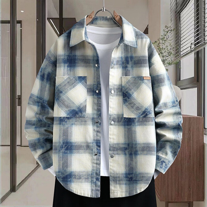 2025 Spring and Autumn Plaid Shirt Men's Youth Trendy Brand Loose Handsome Long Sleeve Jacket Casual Easiest for Match Jacket 2025 Spring and Autumn Plaid Shirt Men's Youth Trendy Brand Loose Handsome Long Sleeve Jacket Casual Easiest for Match Jacket