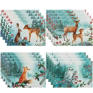 New Fox Elk Print Place Mat Christmas Linen Table Mat Holiday Table Decorative Heat Insulation Mat Cross-border Wholesale