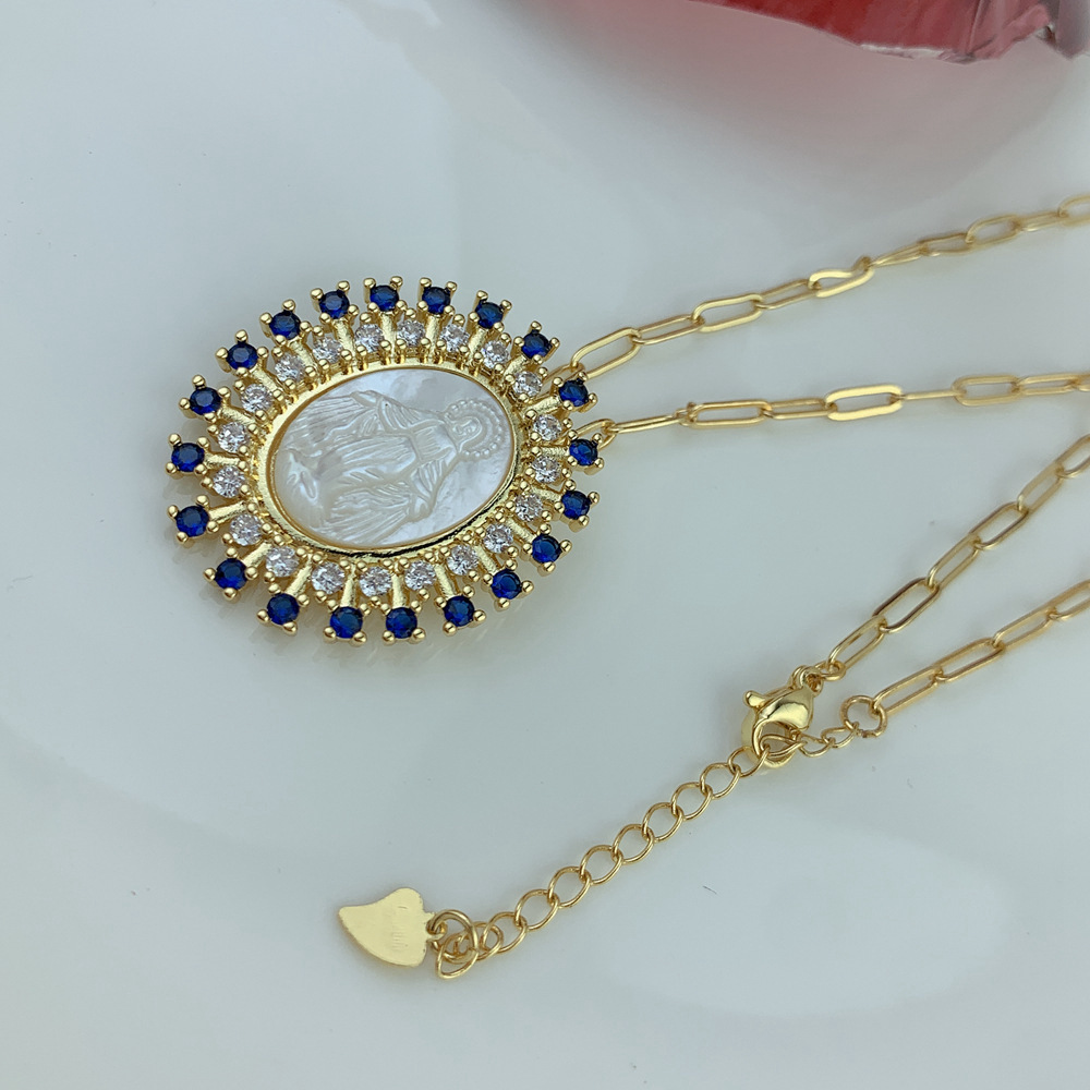 Natural Fritillary, Copper Material Natural Fritillary Copper Plating Human Virgin Mary Zircon Pendant Necklace