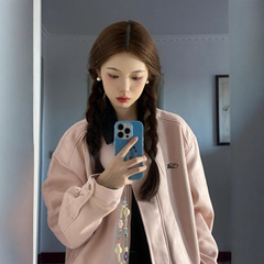 甜美风粉色翻领休闲夹克上衣女早秋小众设计感宽松美式棒球服外套