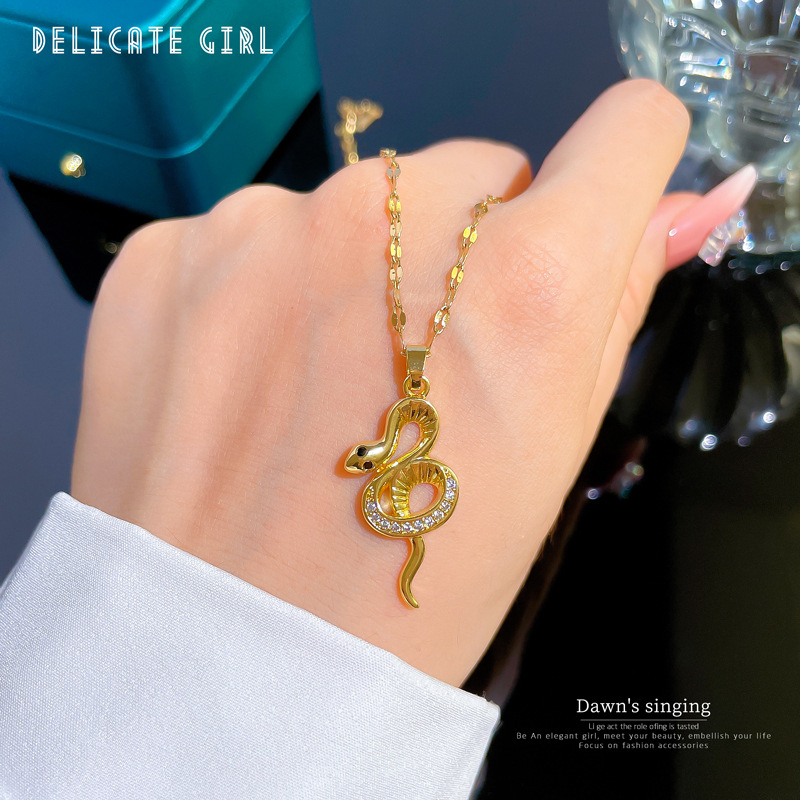 Fashion Snake Stainless Steel Plating Inlay Rhinestones Pendant Necklace 1 Piece
