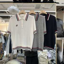 欧洲站2026春季新款女翻领拼条纹卡通小马修身显瘦短袖针织衫上衣