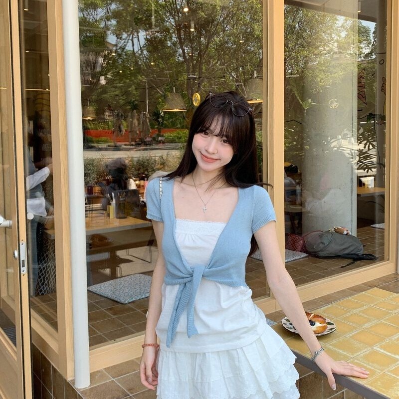 Famouswang Spring New Versatile Cotton Ballet Thin Cross-Tie Knit Cardigan Top