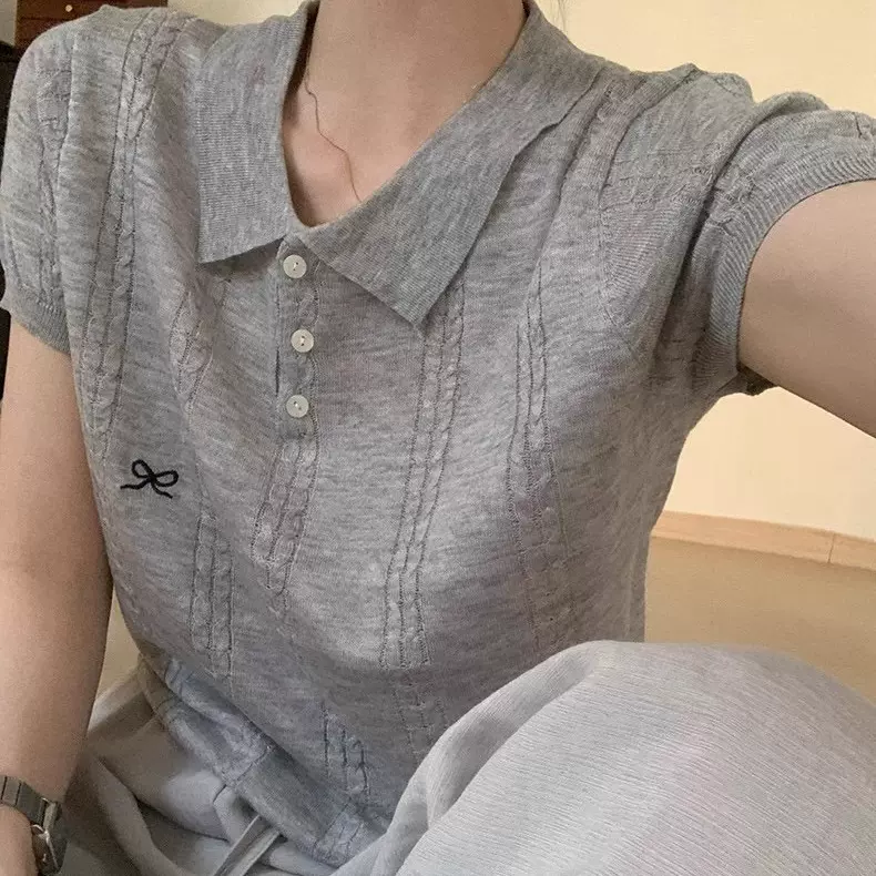 复古polo领蝴蝶结刺绣针织衫短袖女夏季新款气质显瘦薄款别致上衣