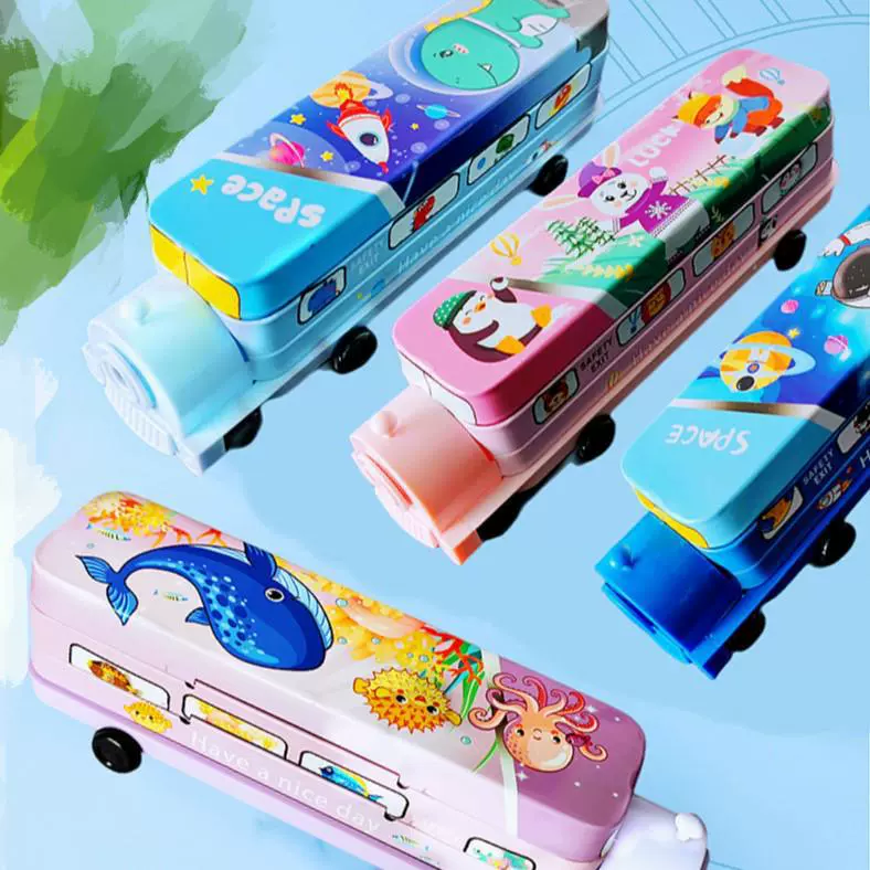 Train, pencil case for elementary school students, universal tin box, cartoon bus, internet celebrity