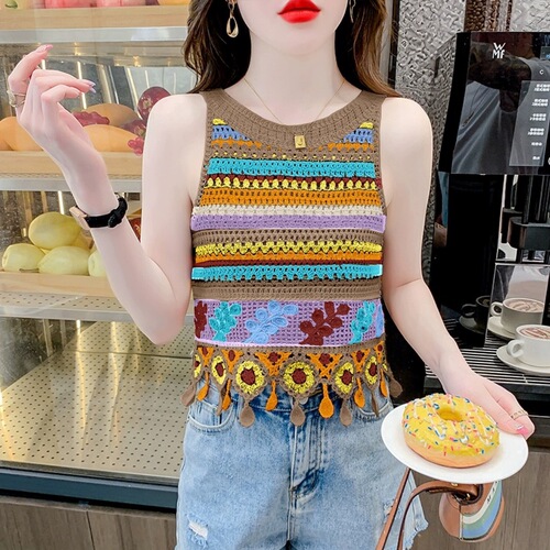 Knit Laced Striped Fringe Strap Backless Top for Women Summer Sleeveless Outerwear Kanjian Ethnic Style Top