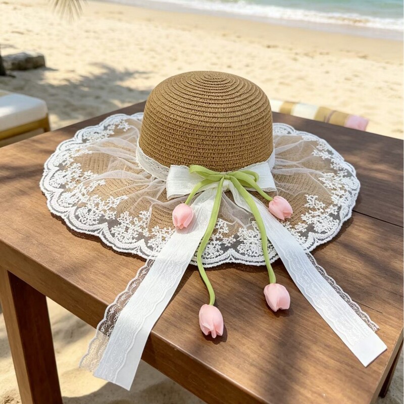 Summer French-Style Elegant Gold Straw Hat for Women, Korean Version with Large Brim, Lace Bow, and Ribbon, Suitable for Outdoor Beach Use Summer French-Style Elegant Gold Straw Hat for Women, Korean Version with Large Brim, Lace Bow, and Ribbon, Suitable for Outdoor Beach Use