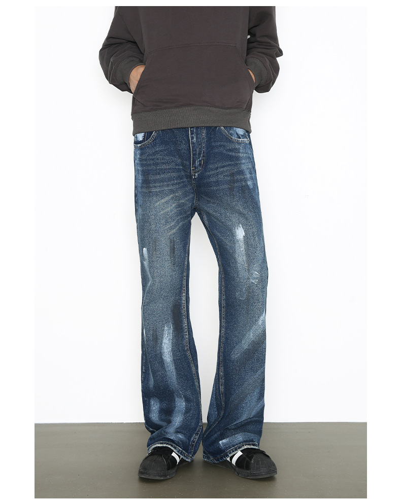 Hand-Painted American Style Straight-Leg Jeans For Men - Vintage Washed Denim Pants With Flared Hem, Comfortable Cotton Blend Fabric_mkmklike.com