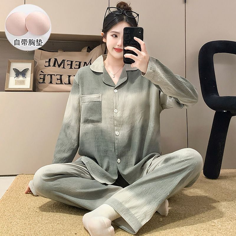 云朵棉睡衣女款春秋季带胸垫一体长袖韩版ins休闲宽松家居服套装|undefined