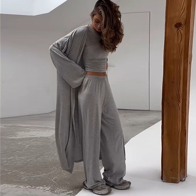 ヨーロッパとアメリカのクロスボーダー婦人服 2025 秋の新無地ルーズカーディガンジャケット半袖 Tシャツワイドレッグパンツスーツ|undefined