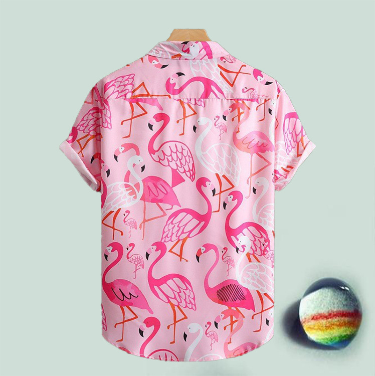 Camisa de venta caliente de nuevo estilo para hombres transfronterizos Camisa de manga corta casual de temperamento de gama alta con estampado digital 3D flamenco rosa