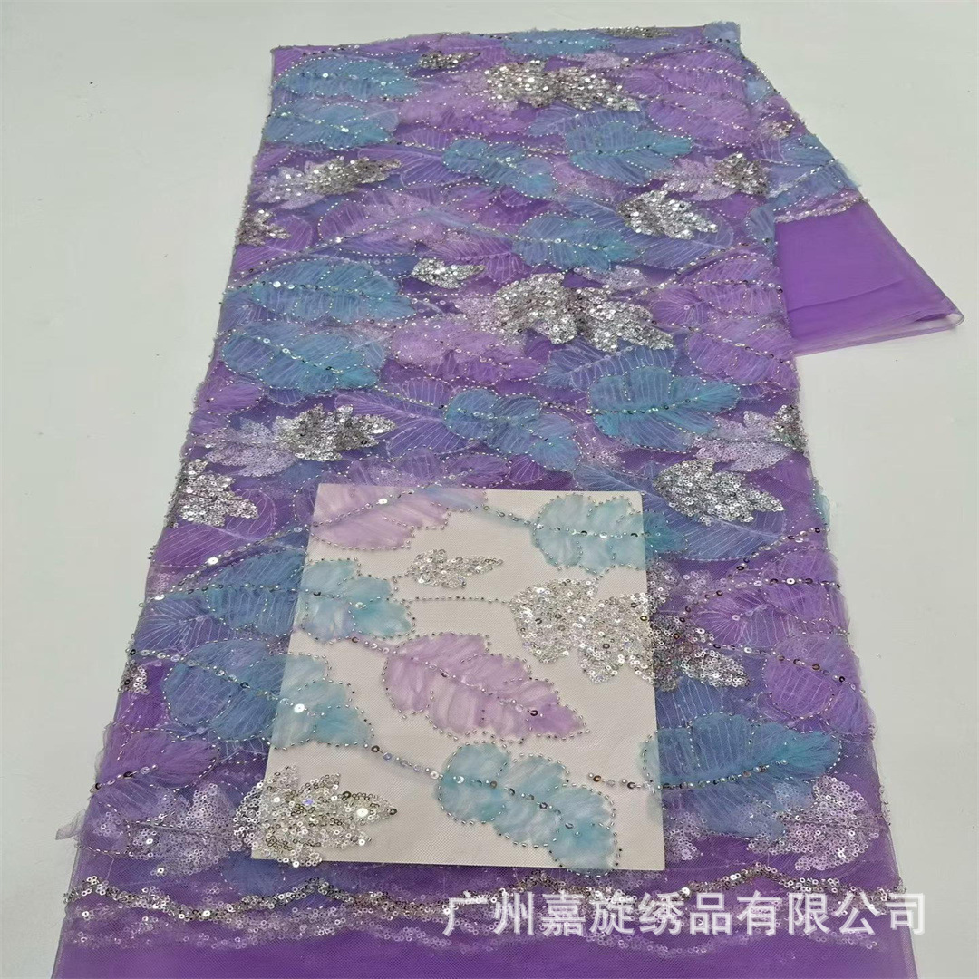 En stock Placa de moda flor lentejuelas tela bordada hoja de arce patrón de tubo de cuentas vestido bordado vestido de novia moda falda tela JX4094