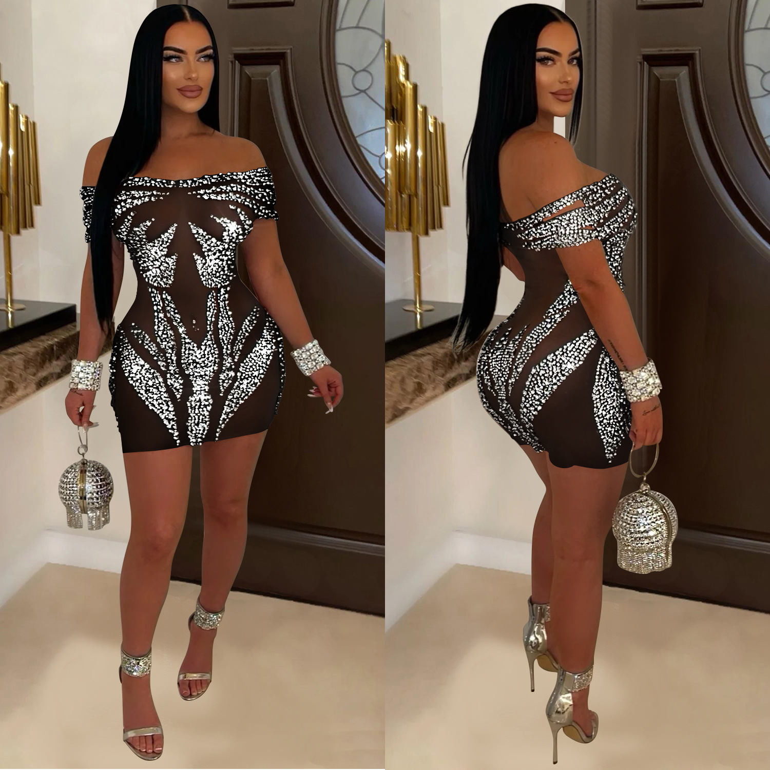 C6926 Aliexpress transfronterizo Amazon estación independiente de moda europea y americana ropa de mujer sexy perforación en perspectiva vestido corto