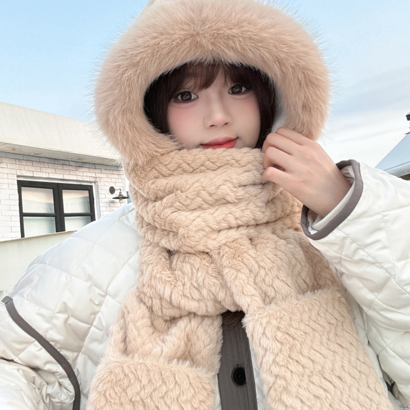 Winter New Japanese-Style Cute Bear Plush Hat Scarf Gloves Set for Women Cycling Thickened Warm Ear Protection Hat