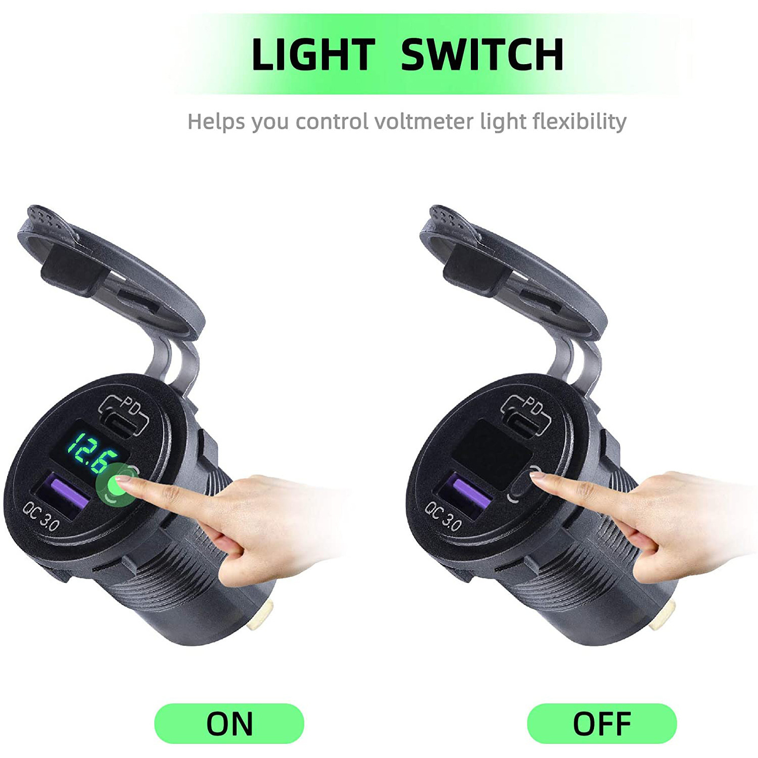 Smart Car Universal 12V Modified Pd Car Charger with Voltage Meter Display Button Qc3.0 Car USB Charger