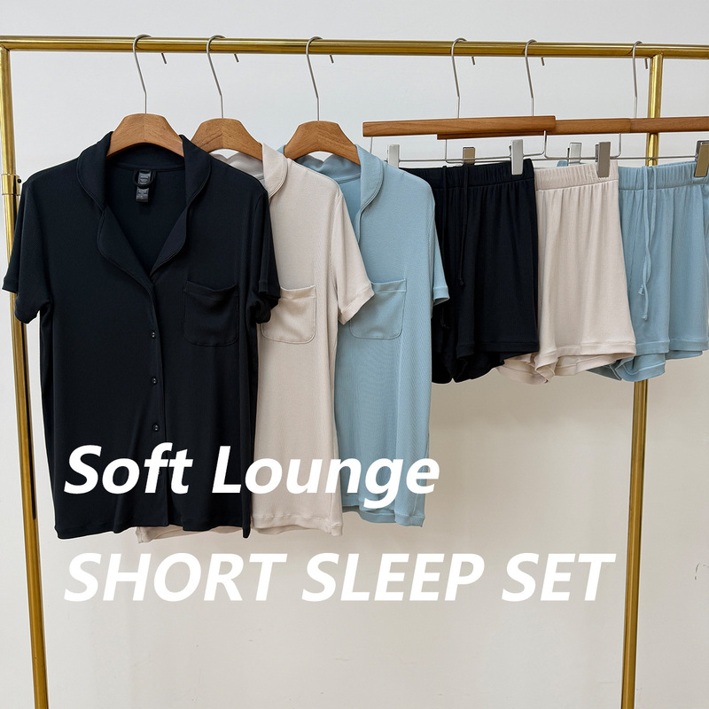 Skims-style ShortSleepSet Modal short-sleeve loungewear set with shorts, suitable for wearing outside, ribbed pajamas Skims-style ShortSleepSet Modal short-sleeve loungewear set with shorts, suitable for wearing outside, ribbed pajamas