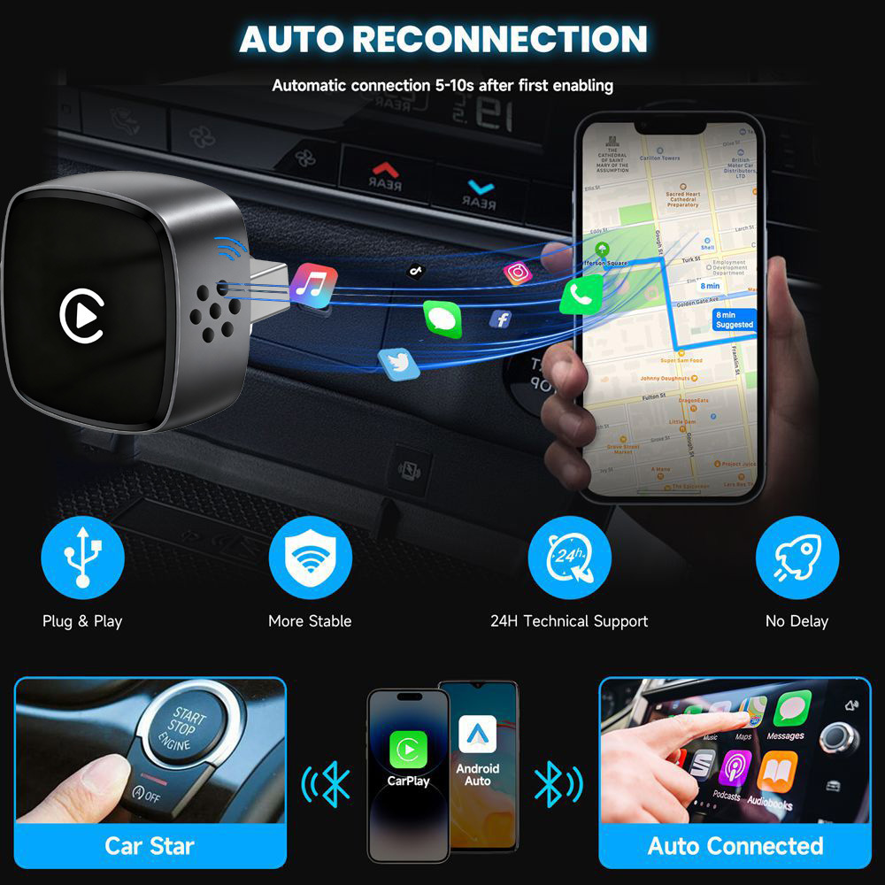 Carplay Box Wireless Connection Wired to Wireless Car Navigation Auto Two-In-One Portable Adapter